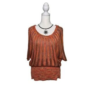 Vintage Y2K Intrigue Metallic Knit Tunic Sweater Copper Orange Dolman Sleeve